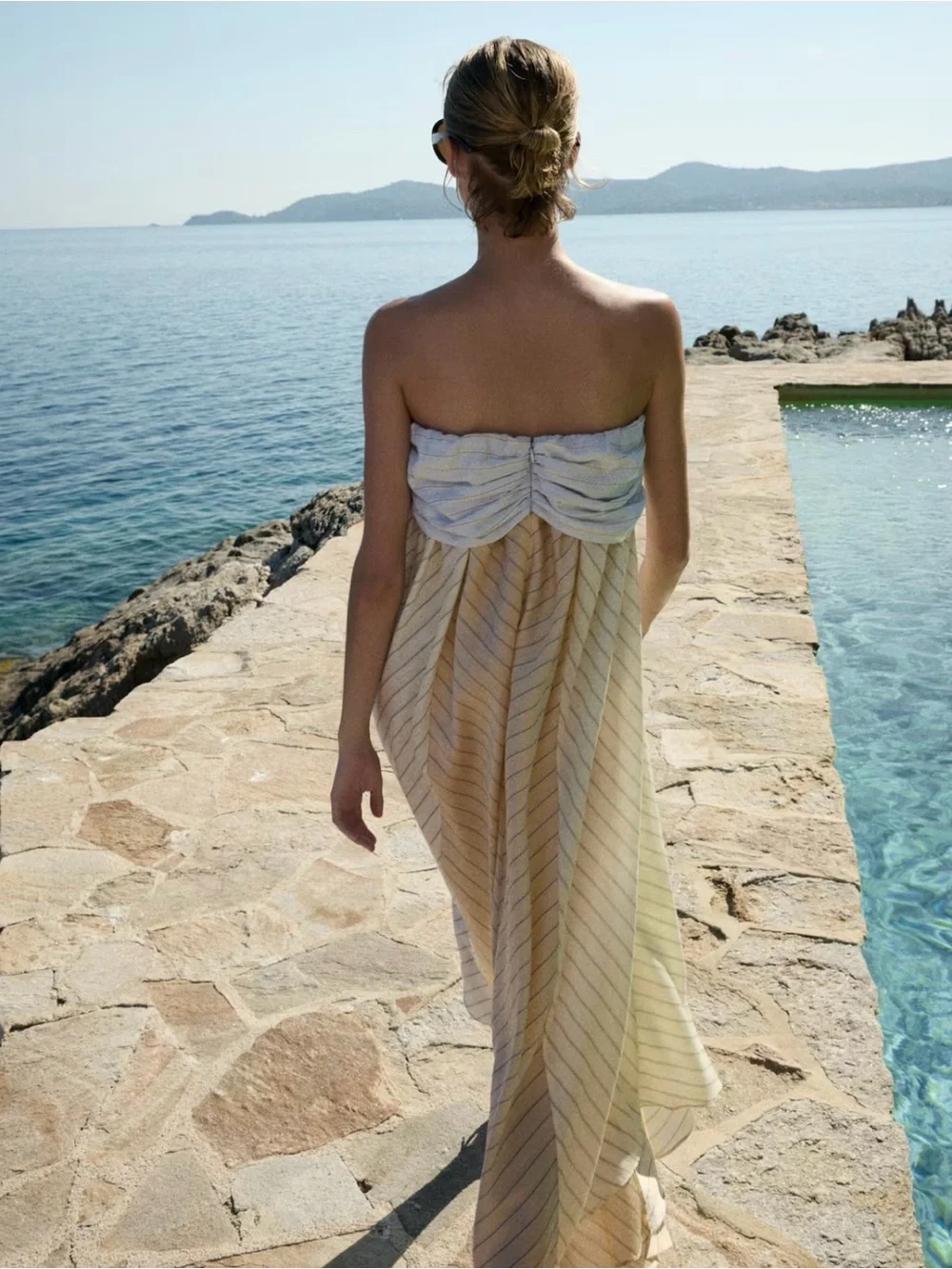 H&M EDITION NWT PALE YELLOW /STRIPED TIE-DETAIL BANDEAU DRESS - Picture 3 of 6